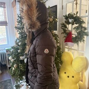 Moncler Brown Puffer Jacket with Faux Fur Hood